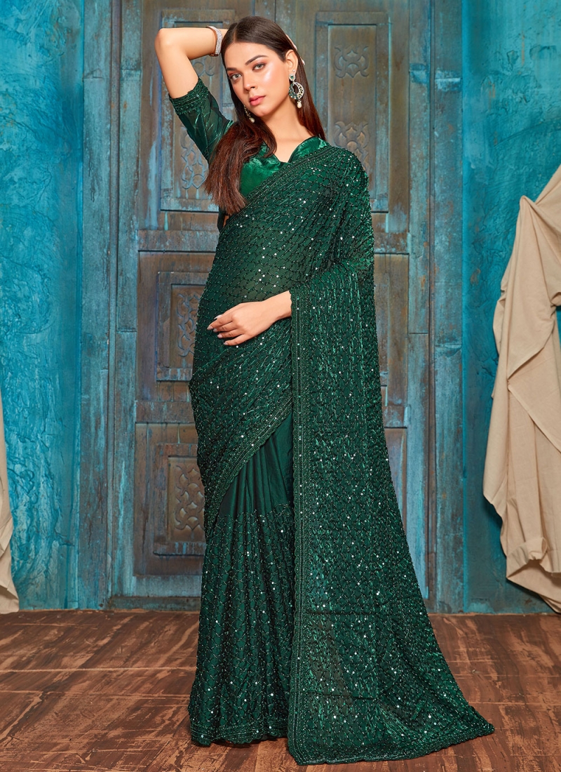 Sequins Silk Trendy Saree in Green
