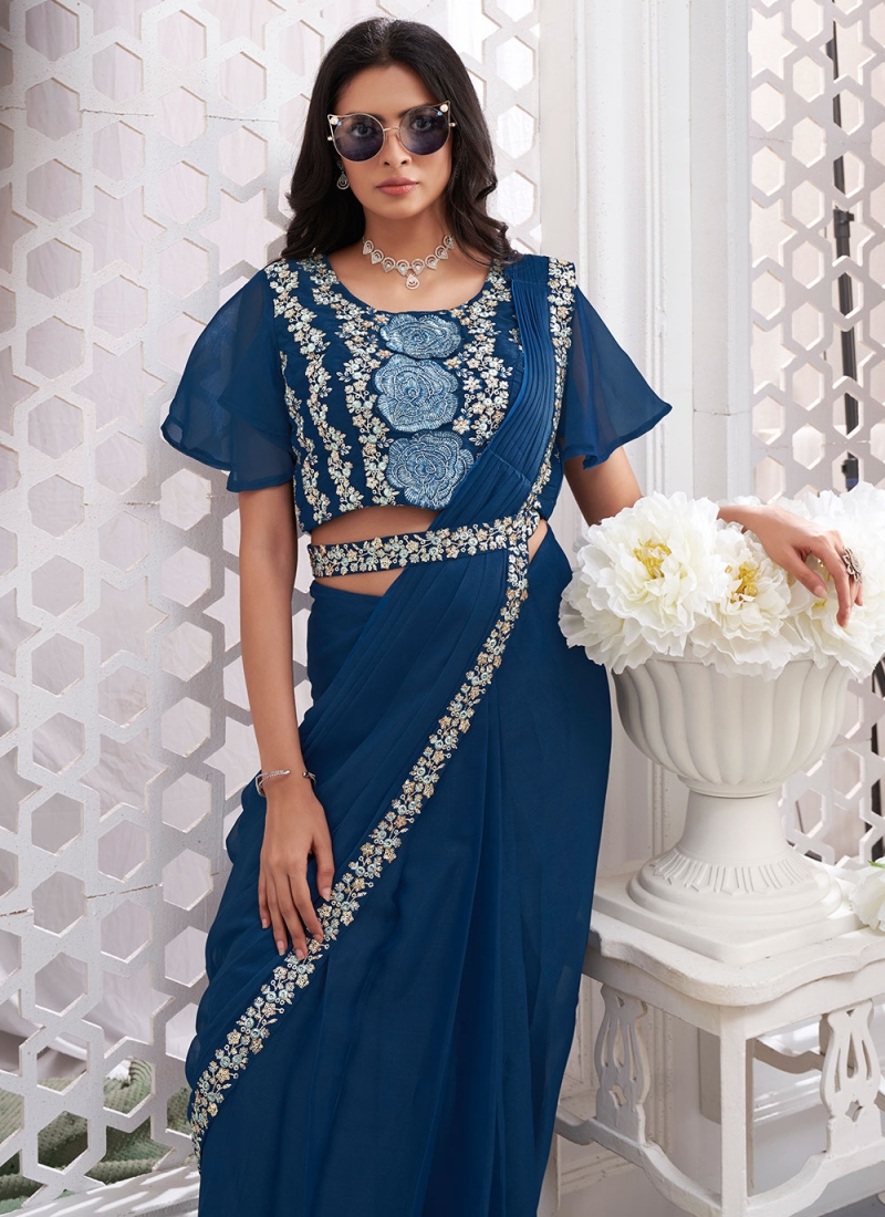 Shimmer Georgette Embroidered Blue Saree