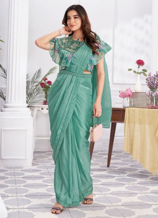 Shimmer Georgette Embroidered Green Saree