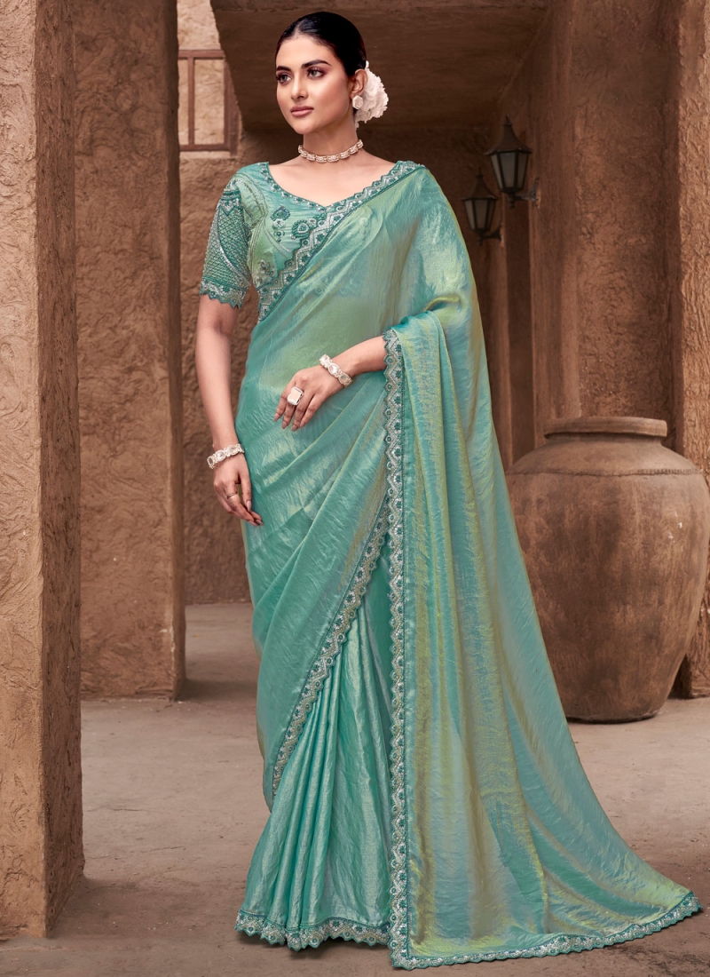 Sightly Embroidered Sea Green Contemporary Style Saree