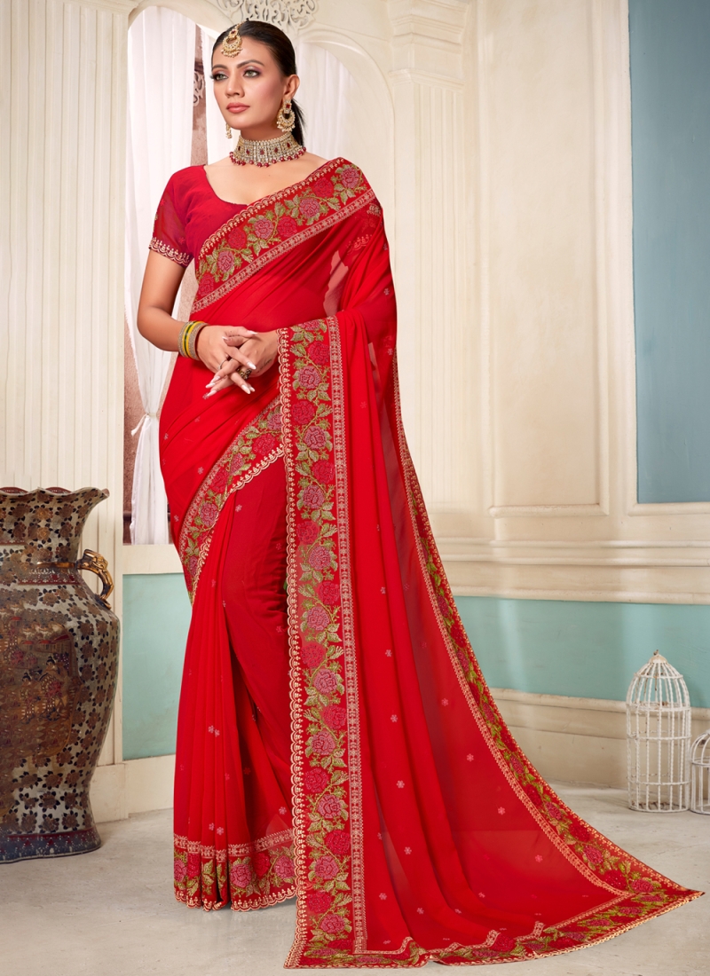 Red and Beige Floral Printed Georgette Saree – Stylemantra