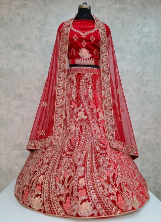 Sightly Velvet Red Embroidered Lehenga Choli