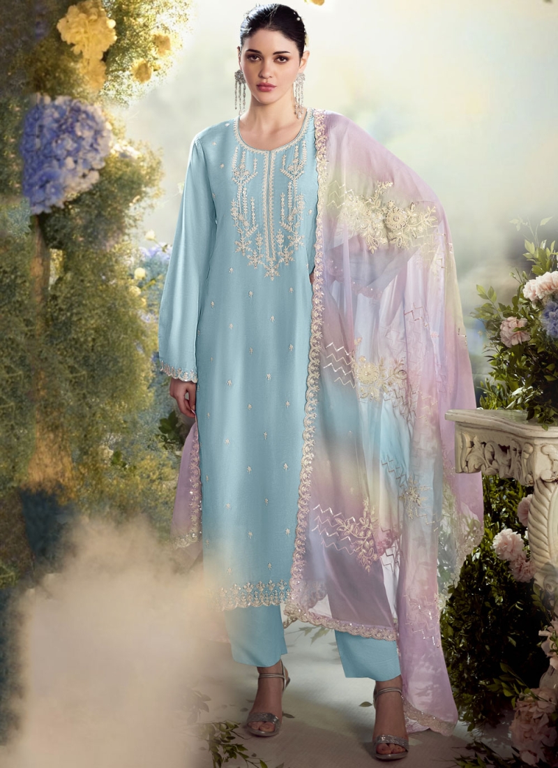 Silk Aqua Blue Designer Salwar Kameez