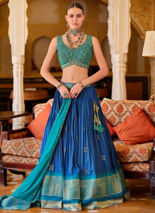 Silk Blue Foil Print Readymade Lehenga Choli