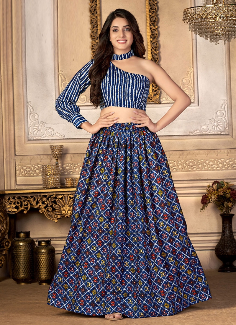 Buy Navy Blue Printed Lehenga Choli Online