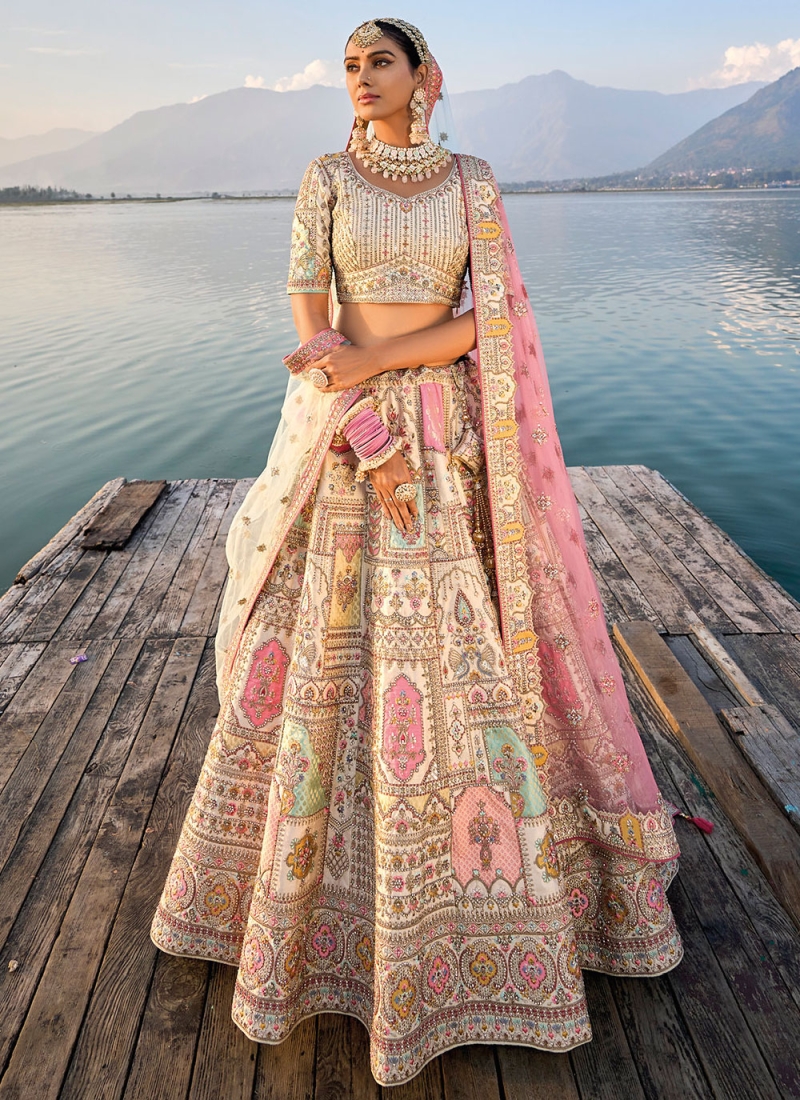 Silk Cream A Line Lehenga Choli