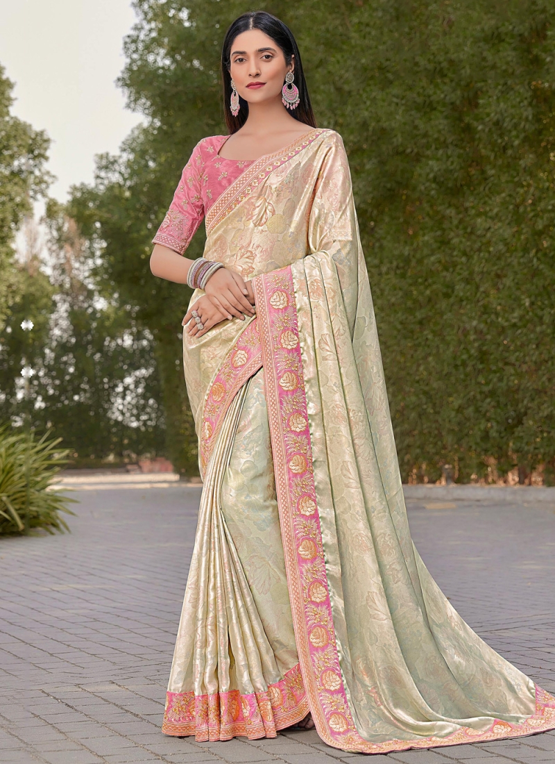 Cream Banarasi Silk Jacquard Half Saree With Contrast Pink Colour Embr