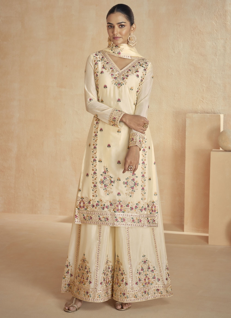 Silk Cream Designer Salwar Kameez