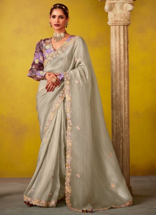 Silk Cutwork Silver Traditional Saree