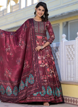 Silk Digital Print Maroon Trendy Gown