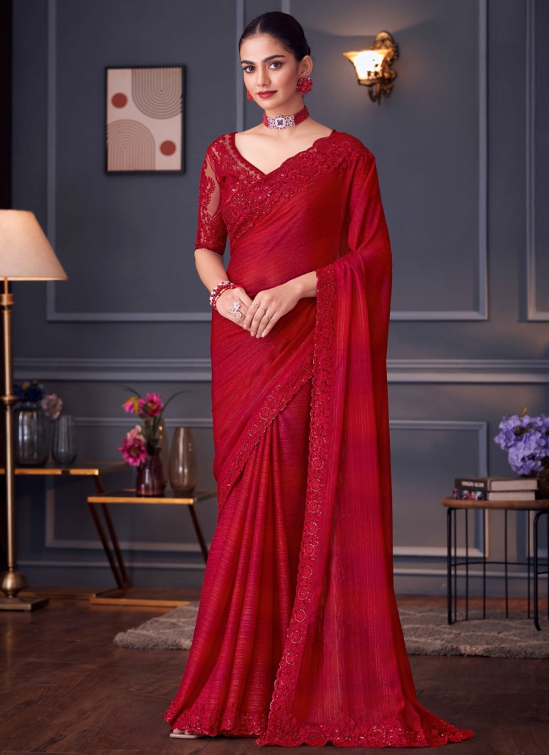 Silk Embroidered Rani and Red Designer Saree