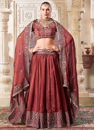 Silk Embroidered Salmon Lehenga Choli