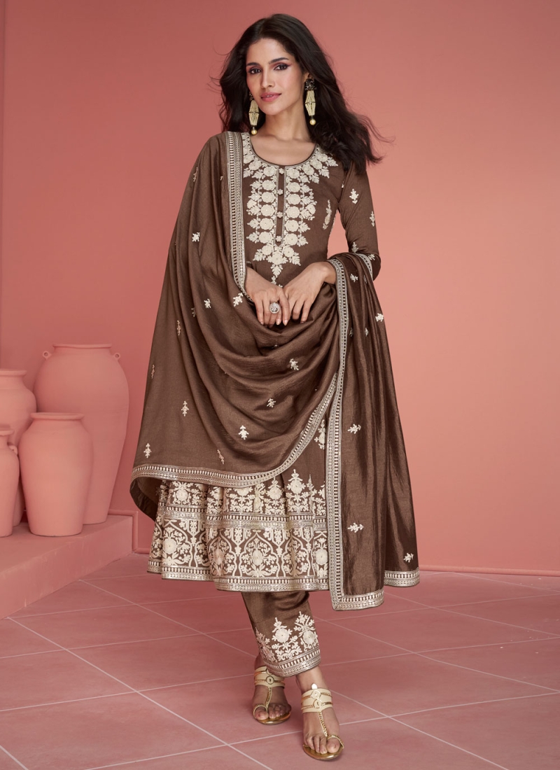 Silk Embroidered Salwar Kameez in Brown