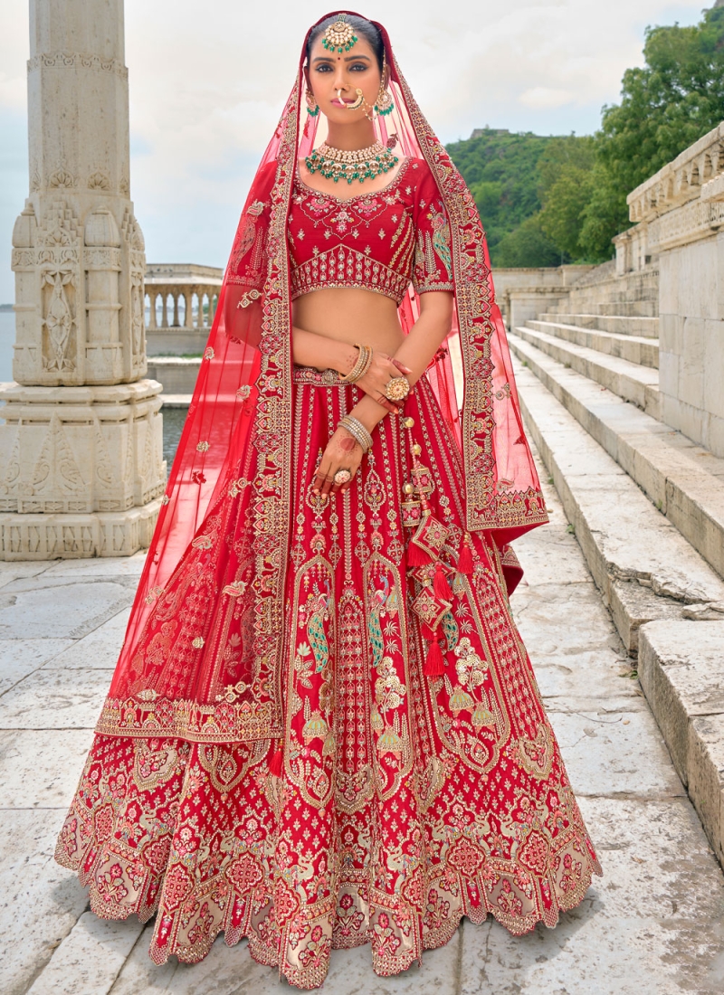 Silk Embroidered Trendy Lehenga Choli in Red