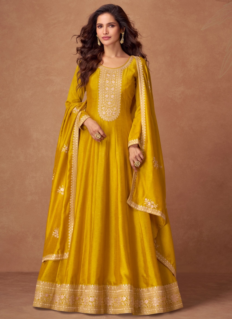 Silk Embroidered Yellow Trendy Gown