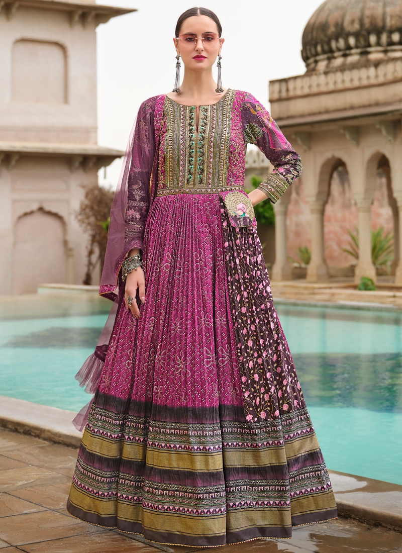 Silk Floor Length Trendy Gown in Magenta and Rani