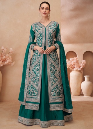 Silk Green and Teal Zari Readymade Lehenga Choli