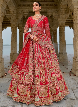 Silk Khatli Work Trendy Lehenga Choli in Red