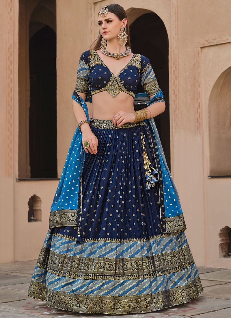 Silk Lace Readymade Lehenga Choli in Navy Blue