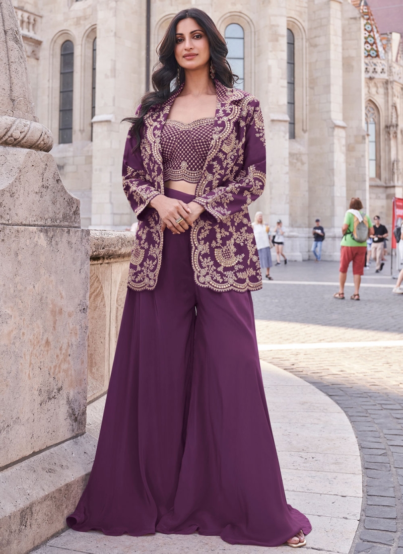 Silk Mauve  Embroidered Palazzo Salwar Suit