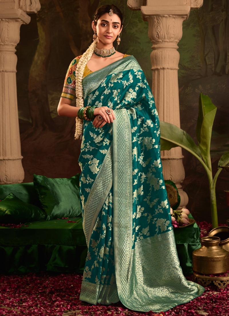 Silk Morpeach  and Teal Trendy Saree