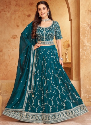 Silk Print Morpeach  and Teal Readymade Lehenga Choli