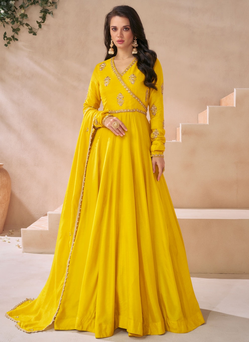 Silk Readymade Trendy Gown  in Mustard