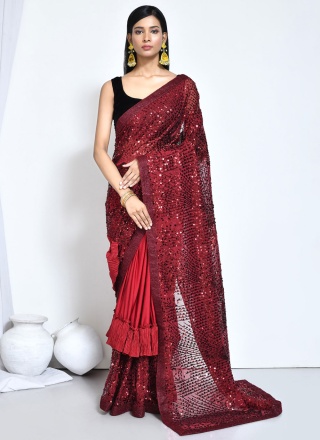 Silk Red Embroidered Classic Saree