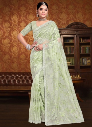 Silk Resham Designer Saree in Green and Grey