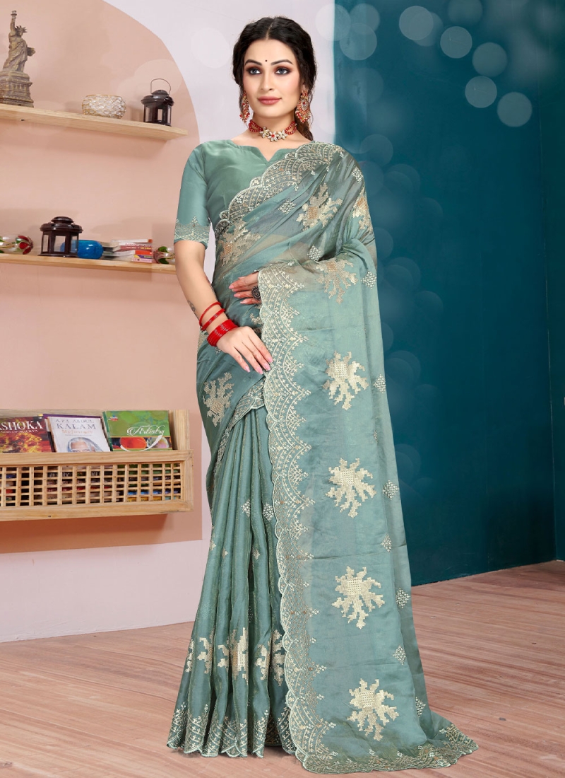 Buy Sky Blue Silk Wedding Saree With Heavy Embroidery, Stone and Sequins  Work From KHUSHKAR. – Khushkar