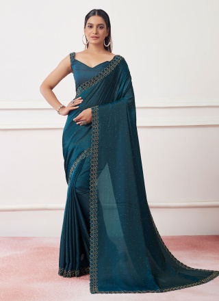 Silk Swarovski Contemporary Saree in Teal