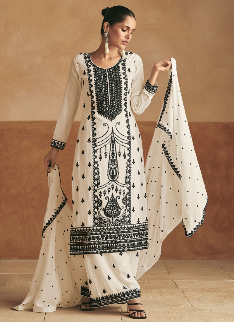 Silk White Embroidered Readymade Salwar Kameez