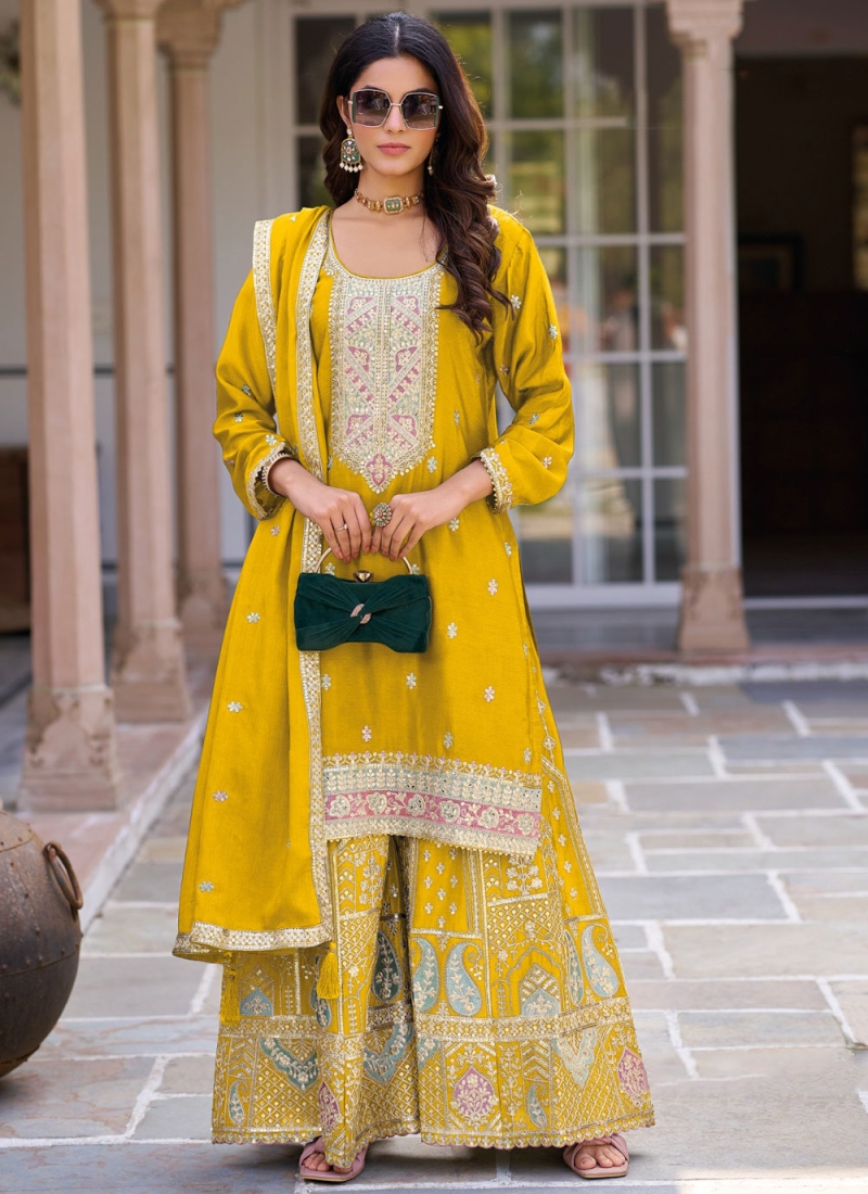 Silk Yellow Embroidered Designer Salwar Kameez