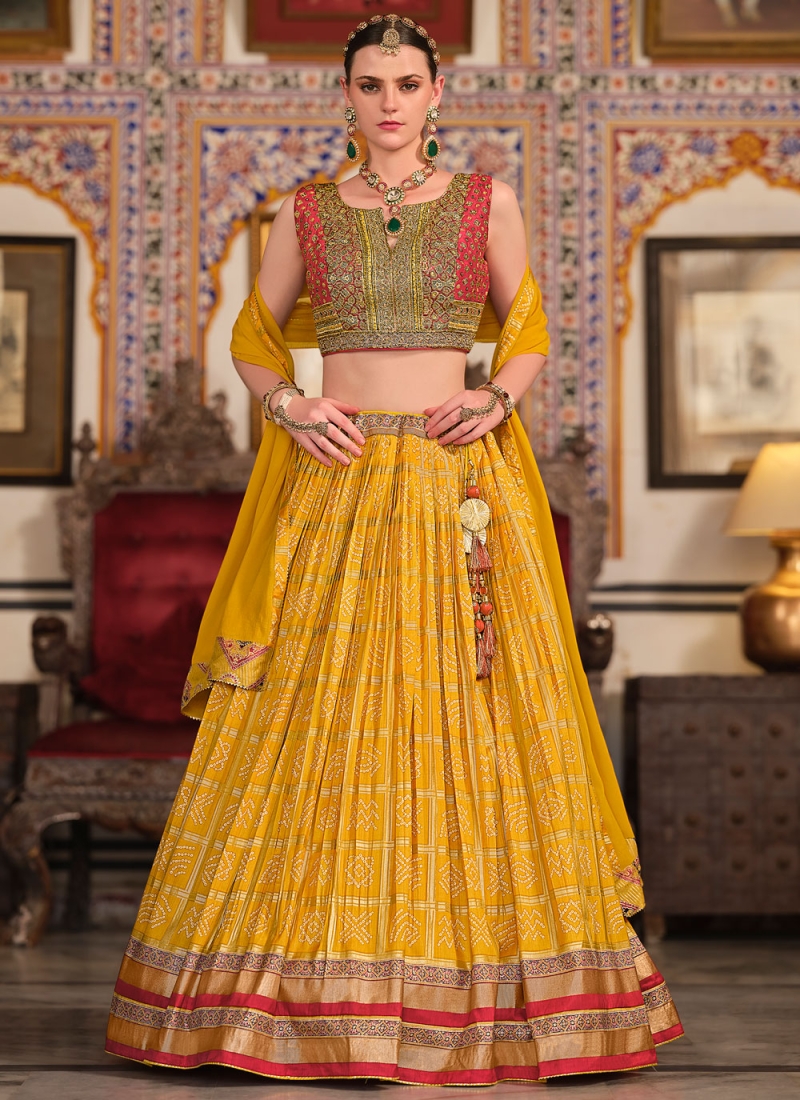 Silk Yellow Foil Print Readymade Lehenga Choli