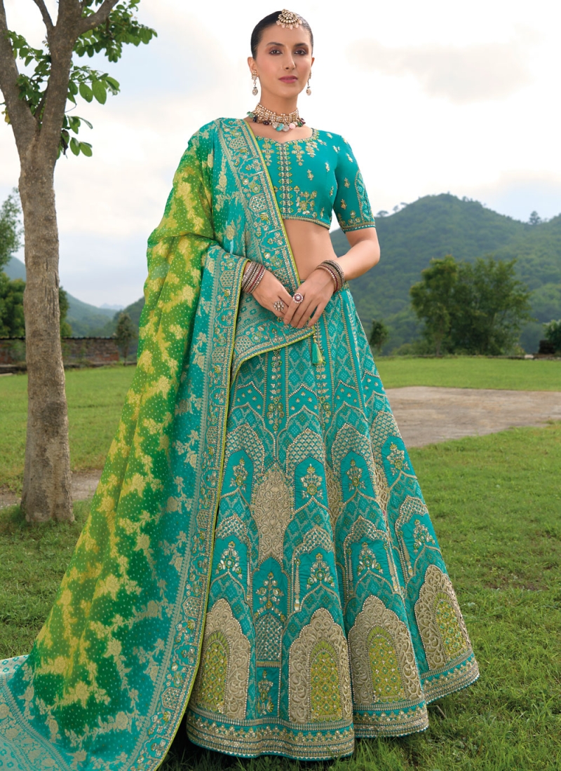 Silk Zari Lehenga Choli in Turquoise