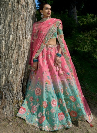 Silk Zari Pink and Sea Green Designer Lehenga Choli