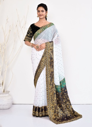 Simplistic Handwork White Georgette Trendy Saree