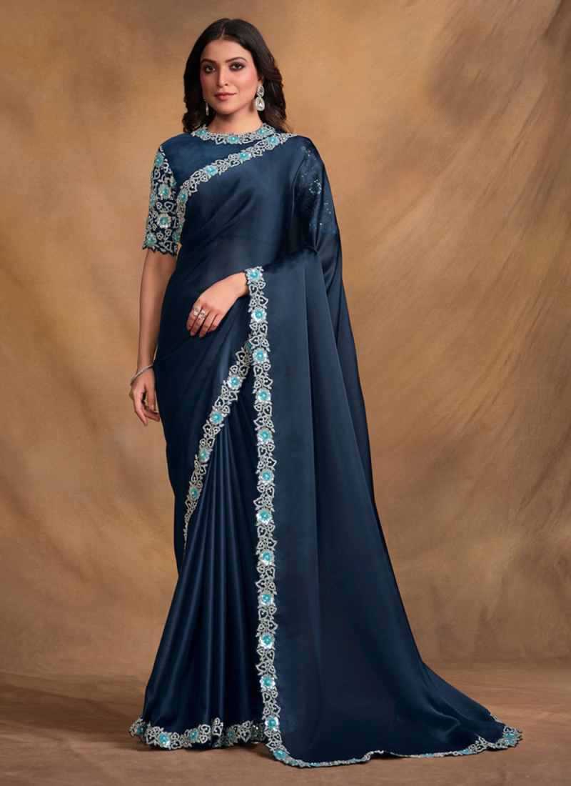 Simplistic Satin Silk Navy Blue Embroidered Contemporary Style Saree