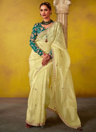 Sonorous Cream and Green Zari Tissue Contemporary Saree