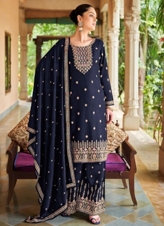 Sophisticated Silk Embroidered Navy Blue Trendy Sa