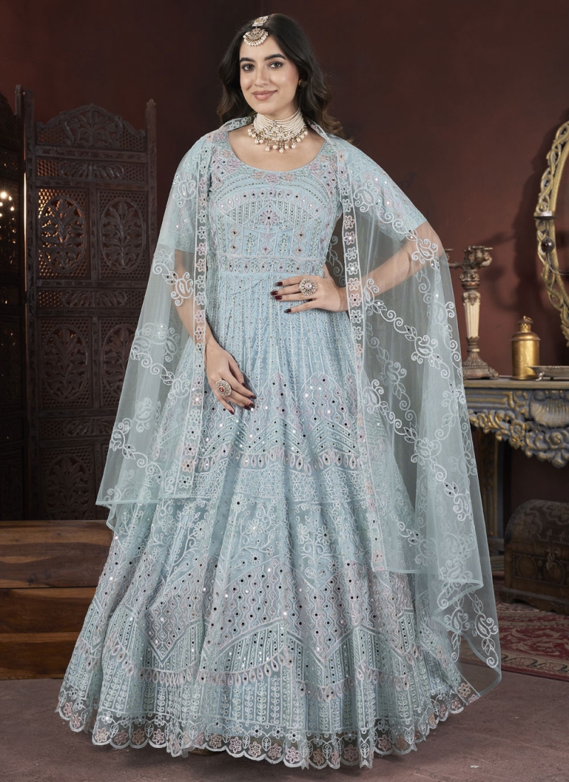 Sorcerous Net Embroidered Aqua Blue Readymade Floor Length Gown 