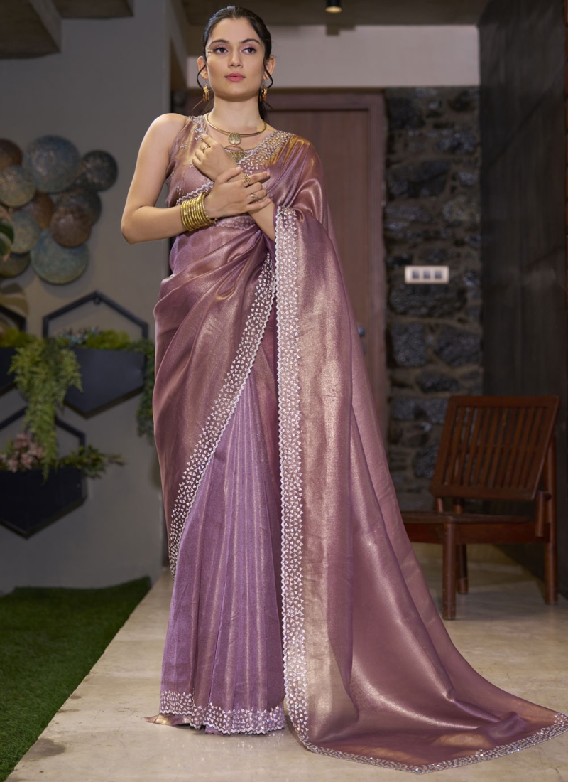 Sparkling Brown and Purple Cutdana Fancy Fabric Designer Saree