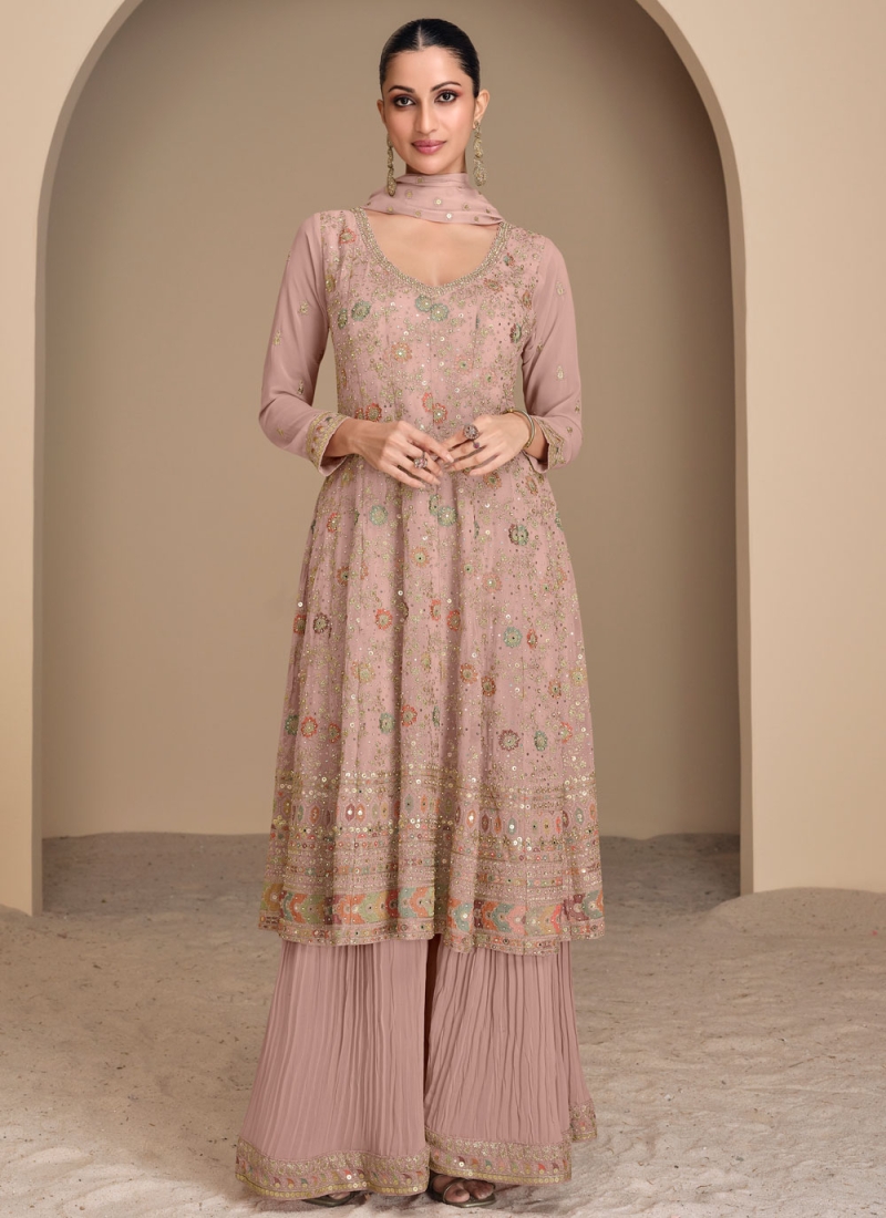 Sparkling Mauve  and Peach Embroidered Georgette Trendy Salwar Kameez