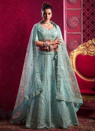 Specialised Embroidered Aqua Blue Net Readymade Lehenga Choli