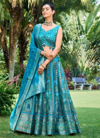 Spectacular Aqua Blue Embroidered Readymade Leheng