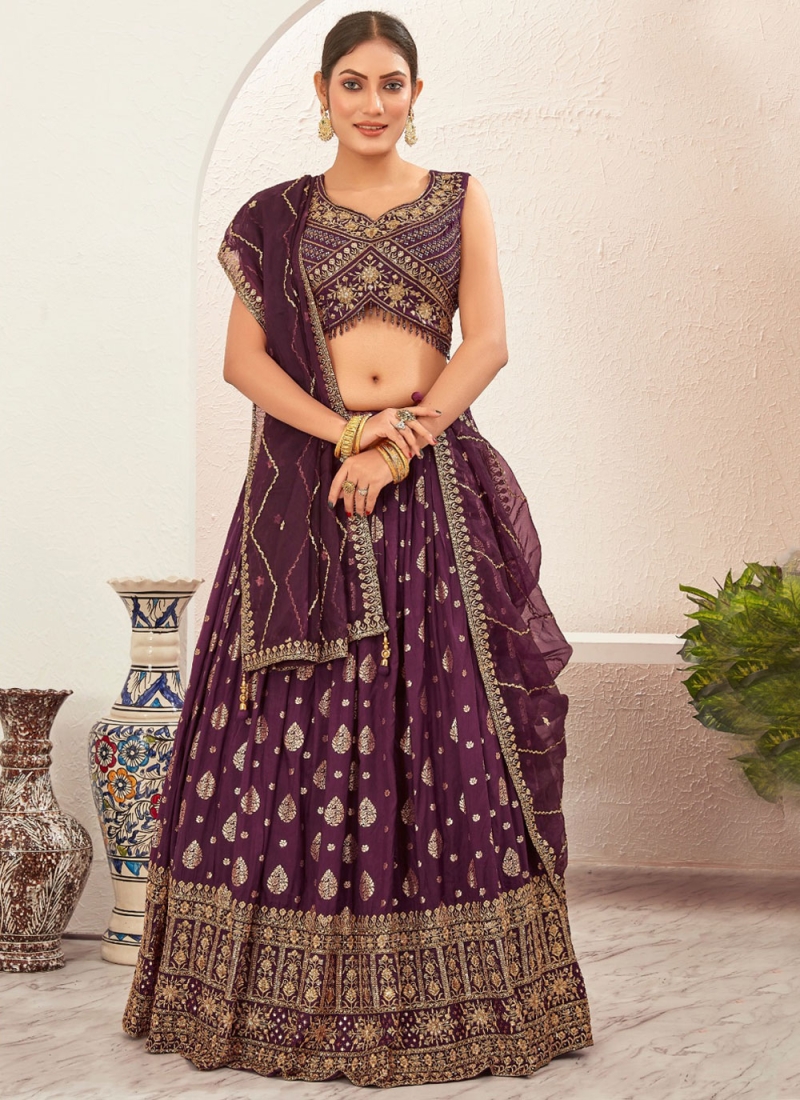 Spectacular Sequins pure-dola Purple Readymade Lehenga Choli