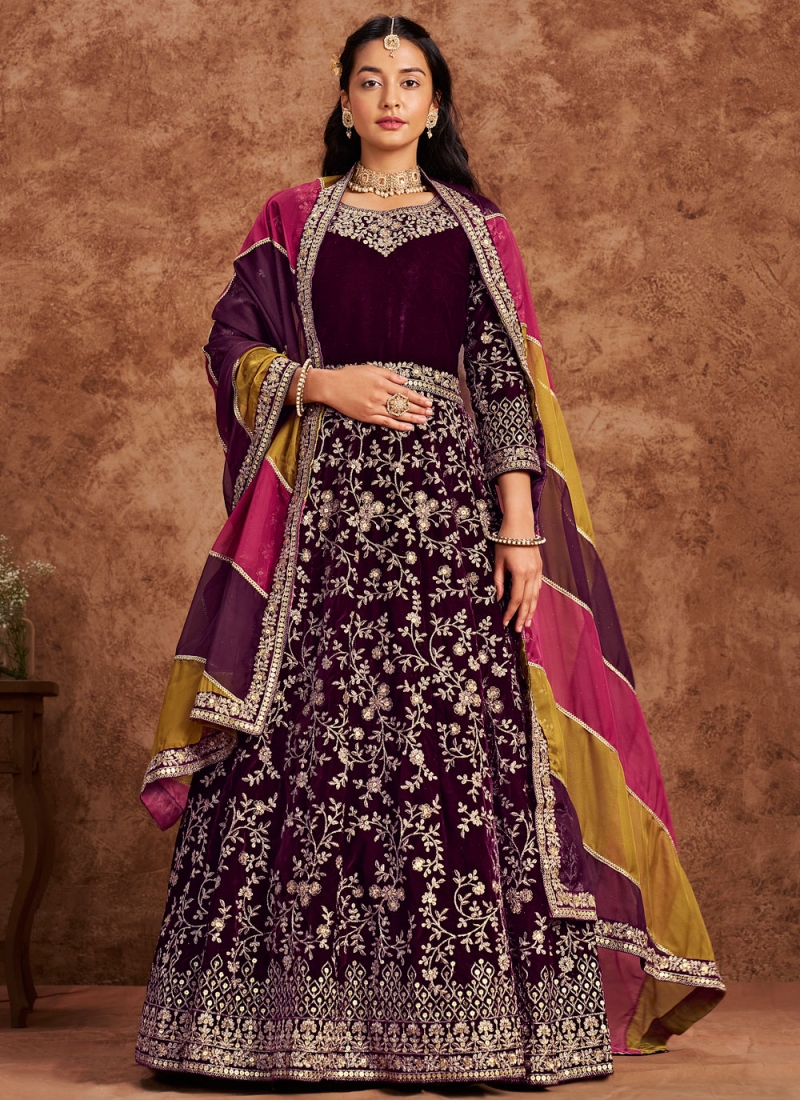 Spectacular Velvet Purple Anarkali Salwar Kameez