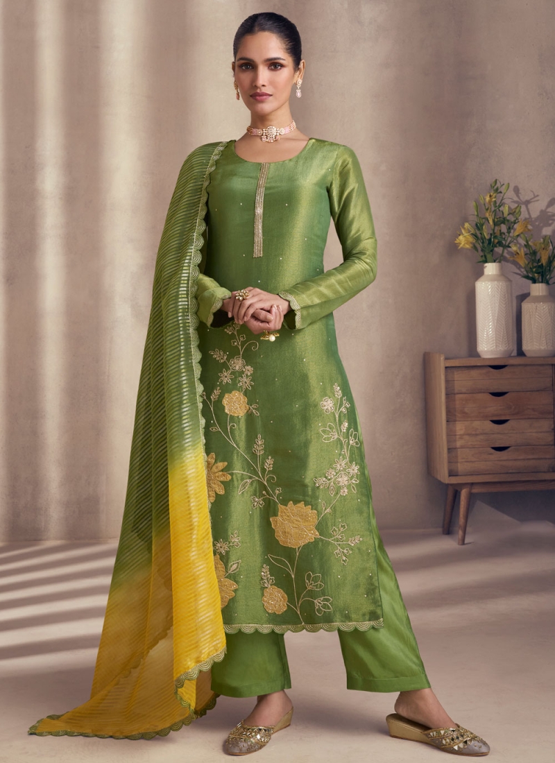 Splendid Green Zari Shimmer Readymade Salwar Kameez