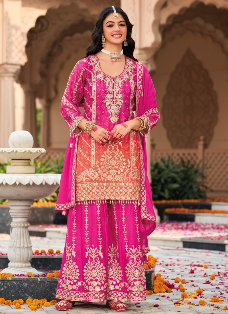 Sterling Embroidered Chinon Orange and Rani Readymade Salwar Kameez