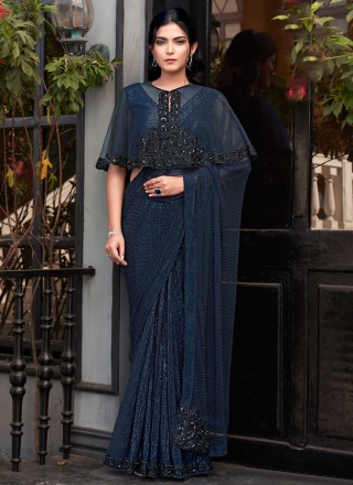 Sterling Navy Blue Beads Velvet Classic Saree